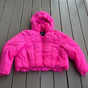 ZARA Women Crop Puffer Quilted Hooded Zipper Jacket Neon Pink Size Small